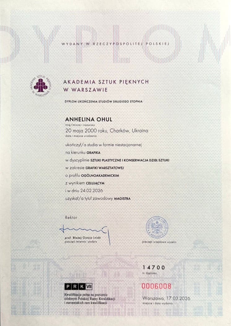 Dyplom magisterski Akademii Sztuk Pięknych w Warszawie